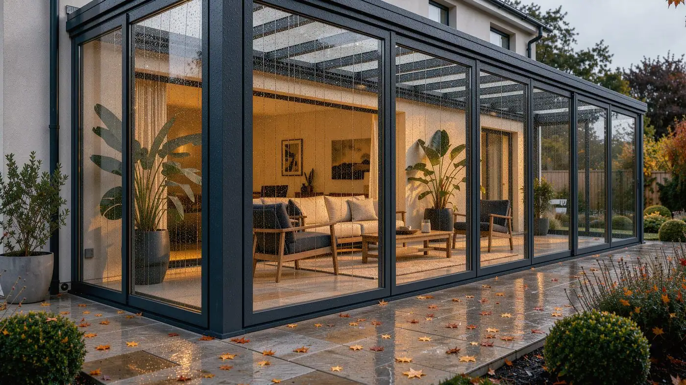 Terrassenverglasung im Regen